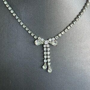 VTG Clear Rhinestone Bow Necklace Signed Karu Arke 1950’s